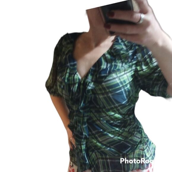 Sheer plaid shirt sleeve blouse with ruffle detailing - Picture 9 of 12